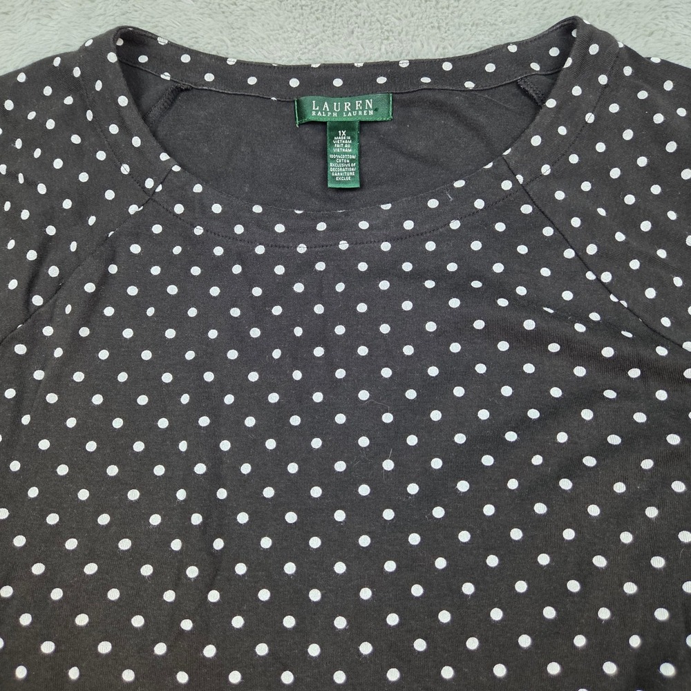 Lauren Ralph Lauren Polka Dot Top Women 1X Raglan Cotton Jersey Black White 80ch